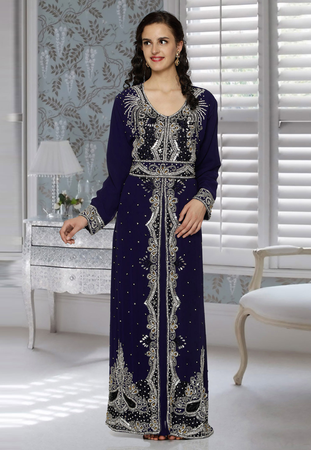 Navy Blue Faux Georgette Embroidered Readymade Kaftan 194816