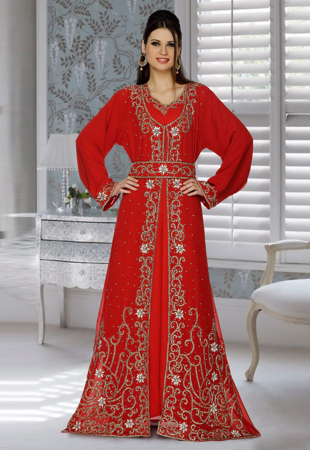Red Faux Georgette Embroidered Readymade Kaftan 194817
