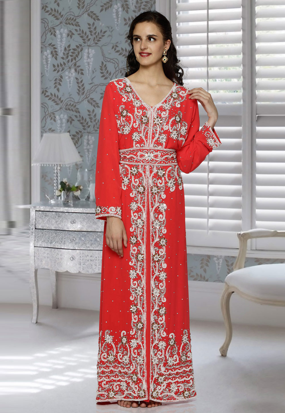 Red Faux Georgette Embroidered Readymade Kaftan 194823