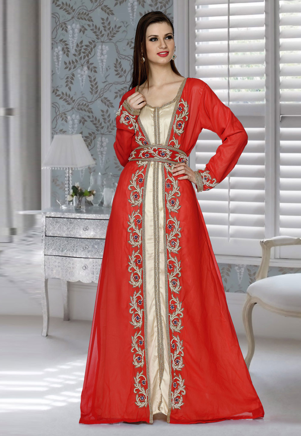 Red Faux Georgette Embroidered Readymade Kaftan 194826