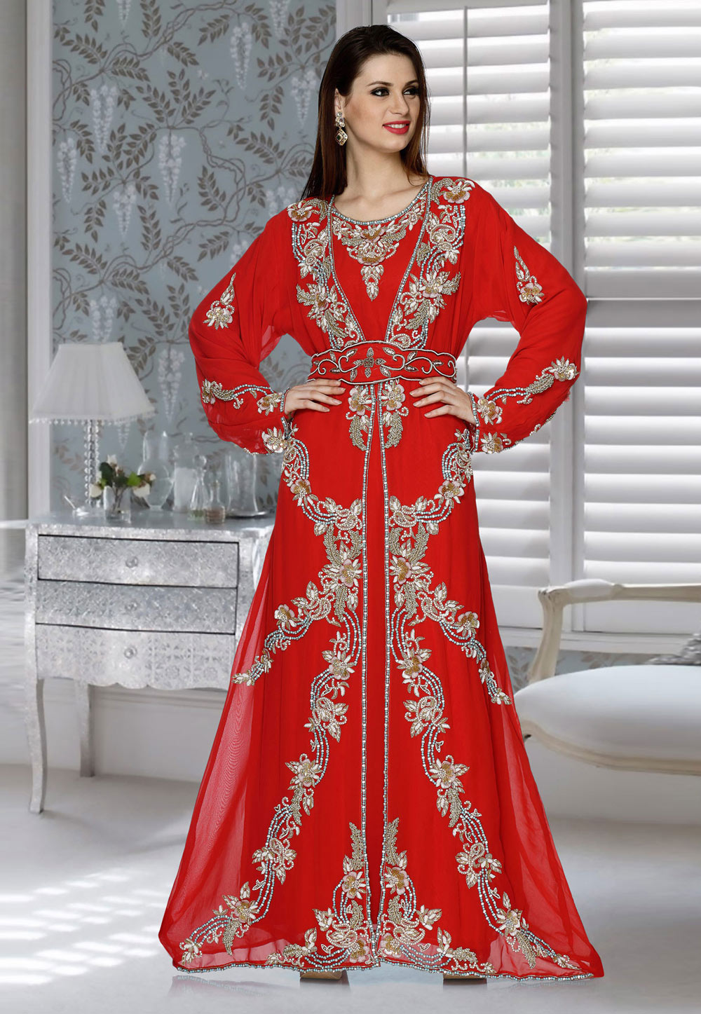 Red Faux Georgette Embroidered Readymade Kaftan 194887