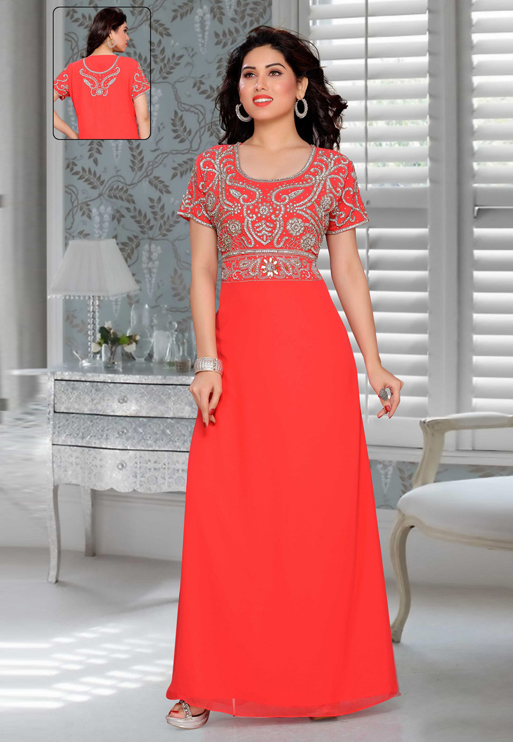Red Faux Georgette Embroidered Readymade Fustan 194888