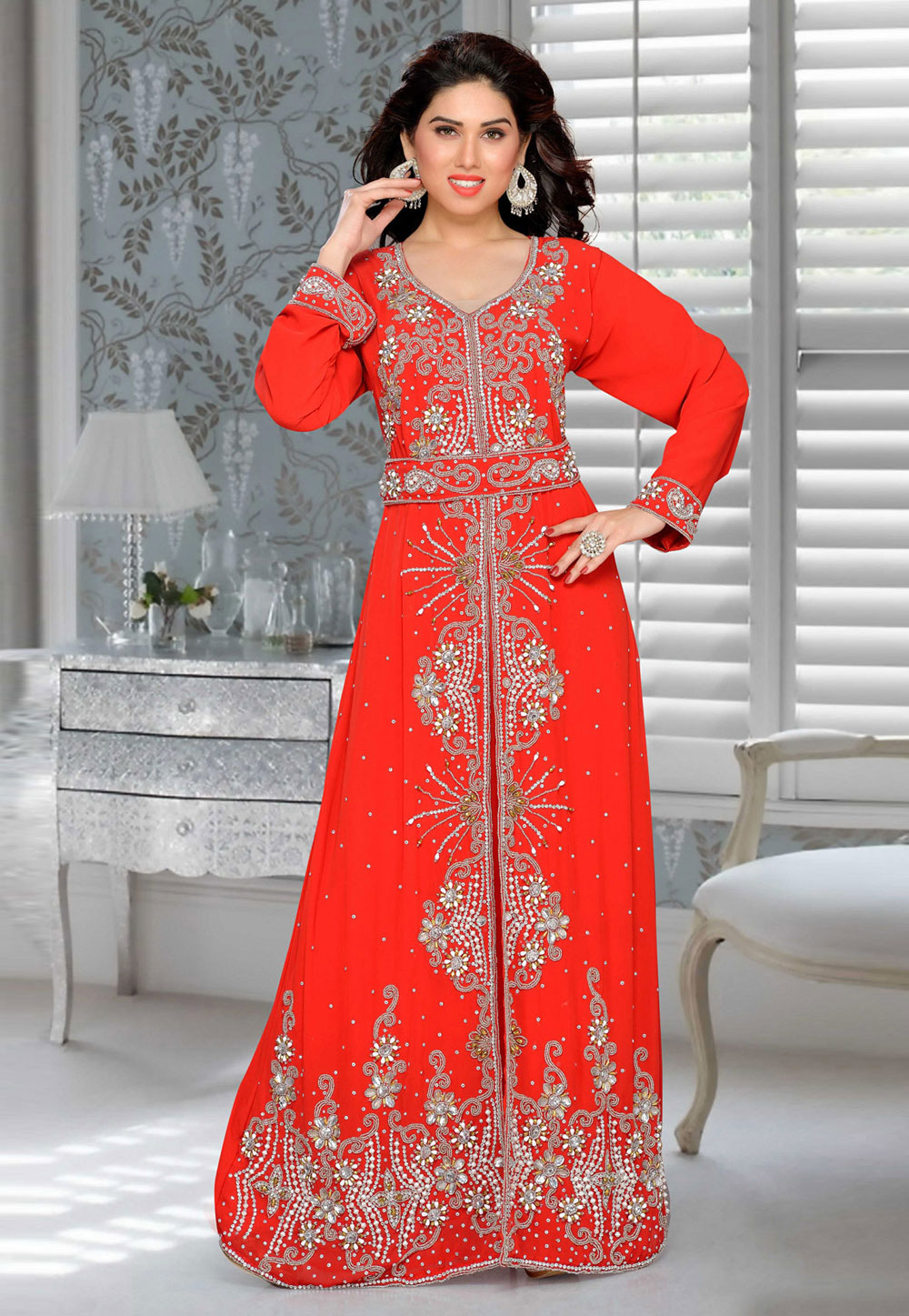 Red Faux Georgette Embroidered Readymade Kaftan 194891
