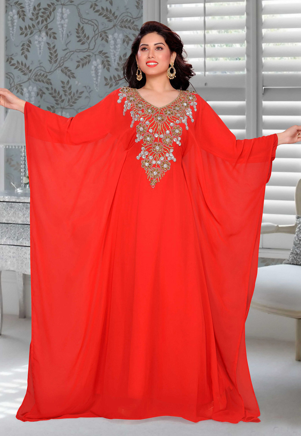 Red Faux Georgette Embroidered Readymade Farasha 194895