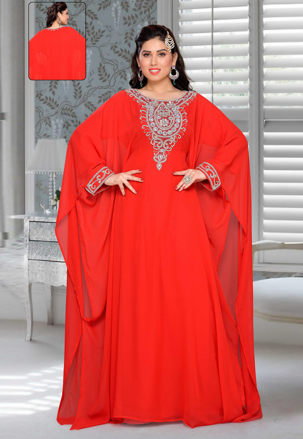 Red Faux Georgette Embroidered Readymade Farasha 194905