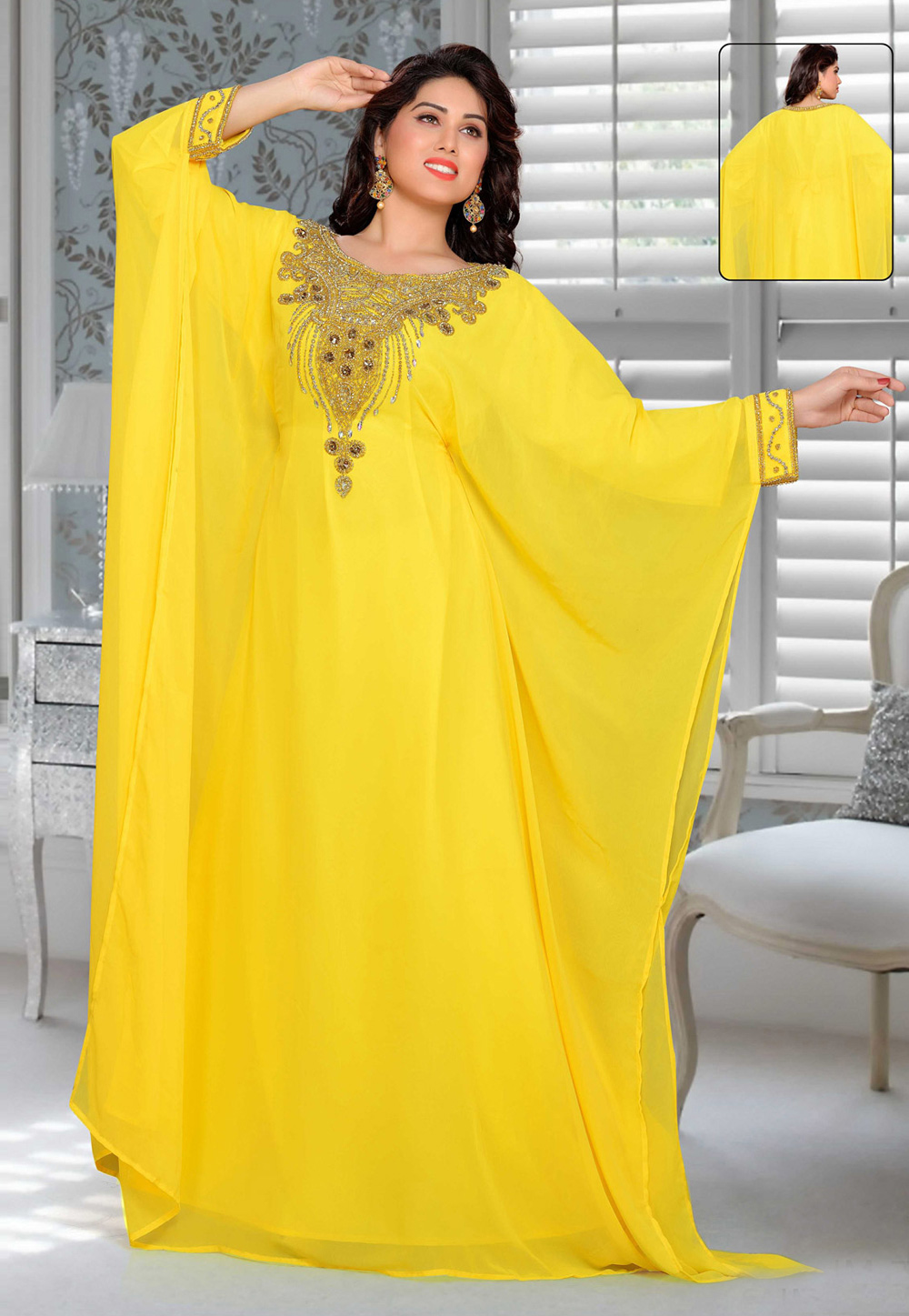 Yellow Faux Georgette Embroidered Readymade Farasha 194909