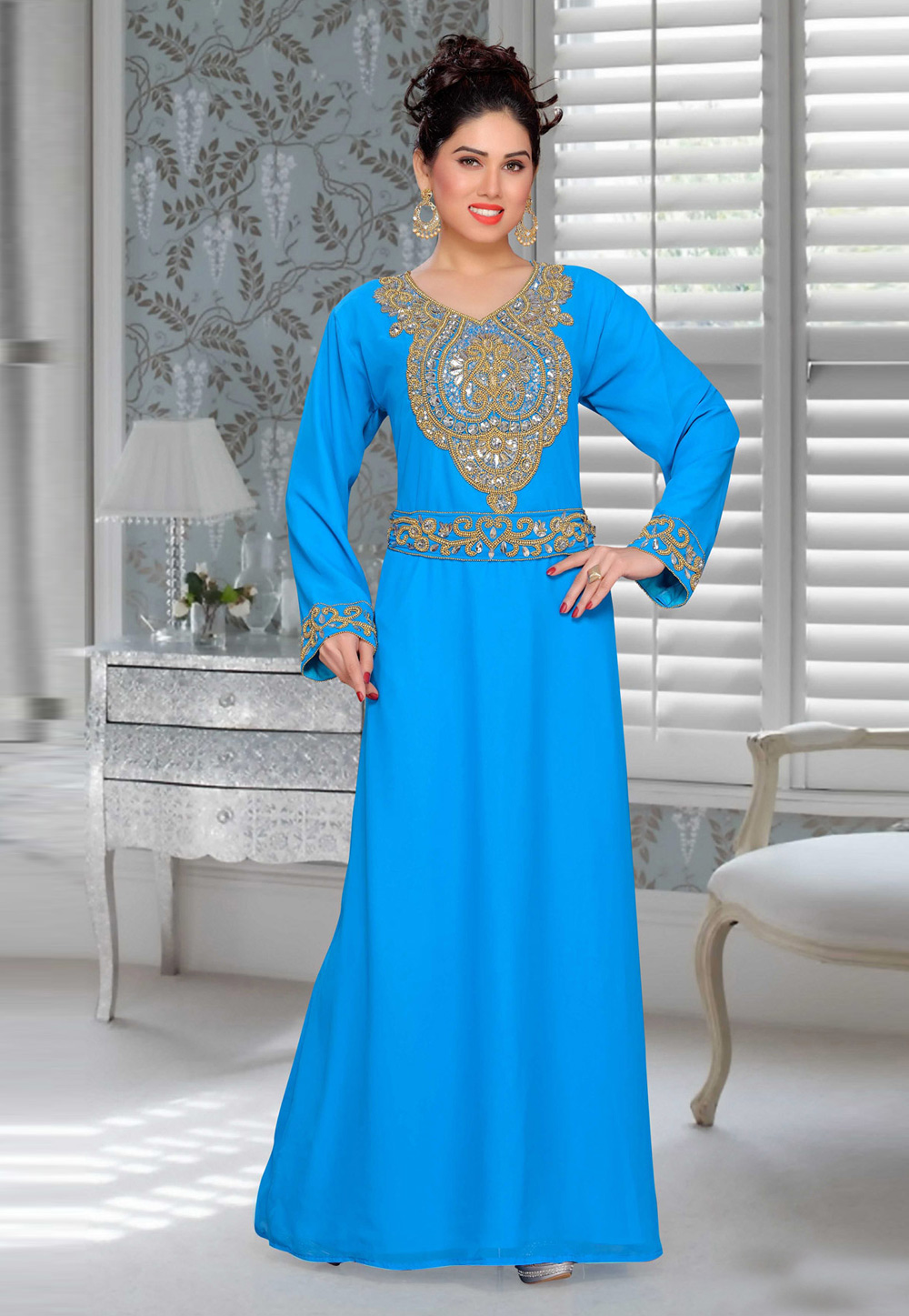 Blue Faux Georgette Embroidered Readymade Kaftan 194911