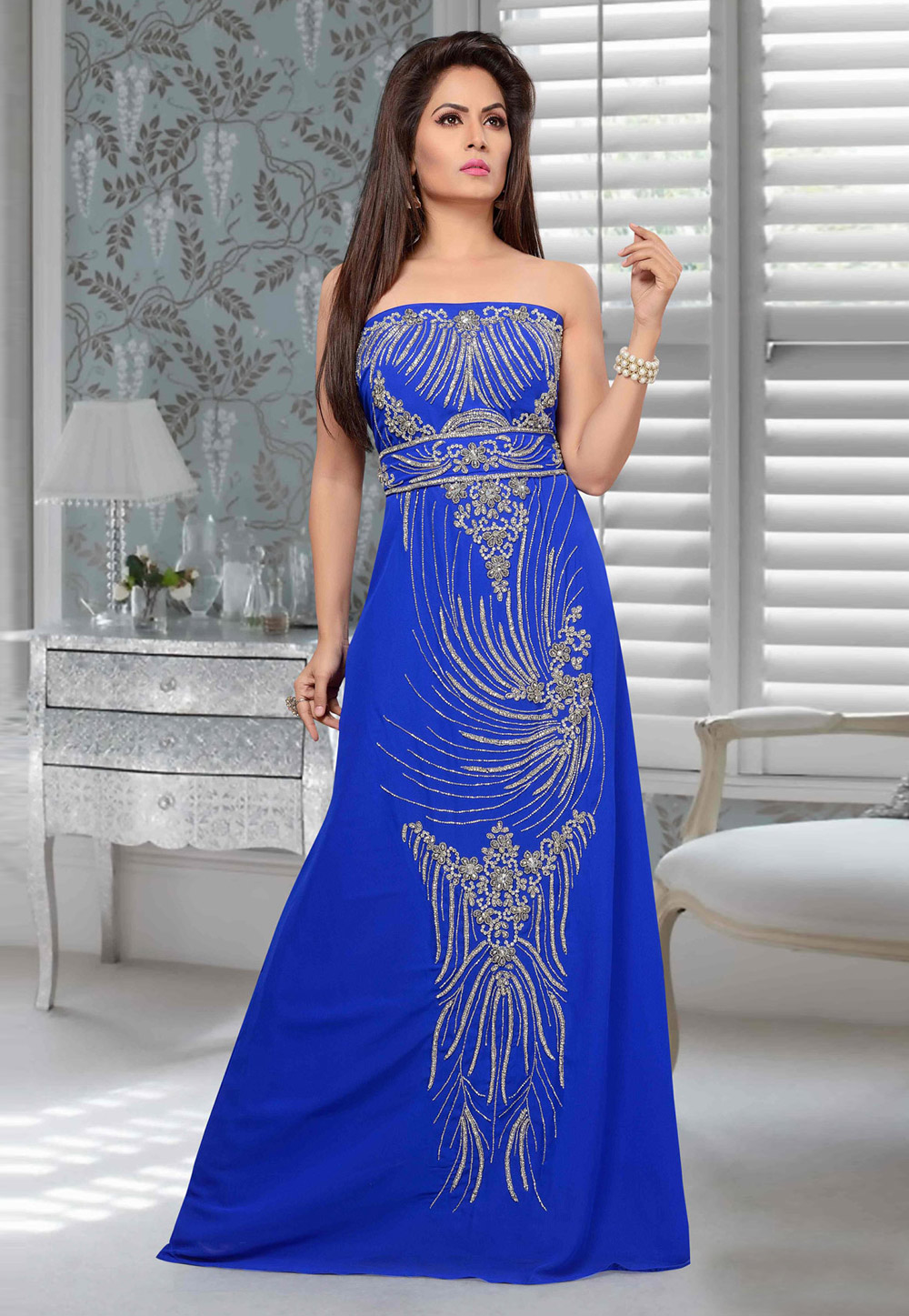 Blue Faux Georgette Embroidered Readymade Fustan 194925