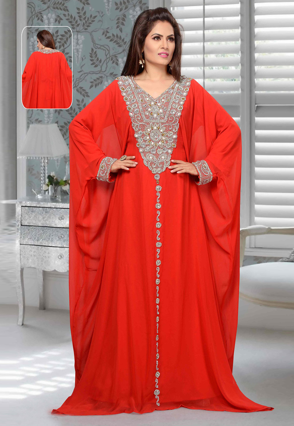 Red Faux Georgette Embroidered Readymade Farasha 194926