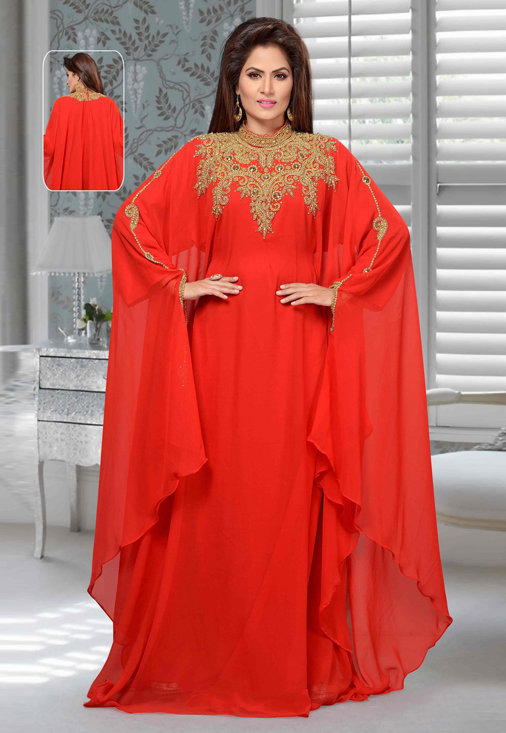 Red Faux Georgette Embroidered Readymade Farasha 194929