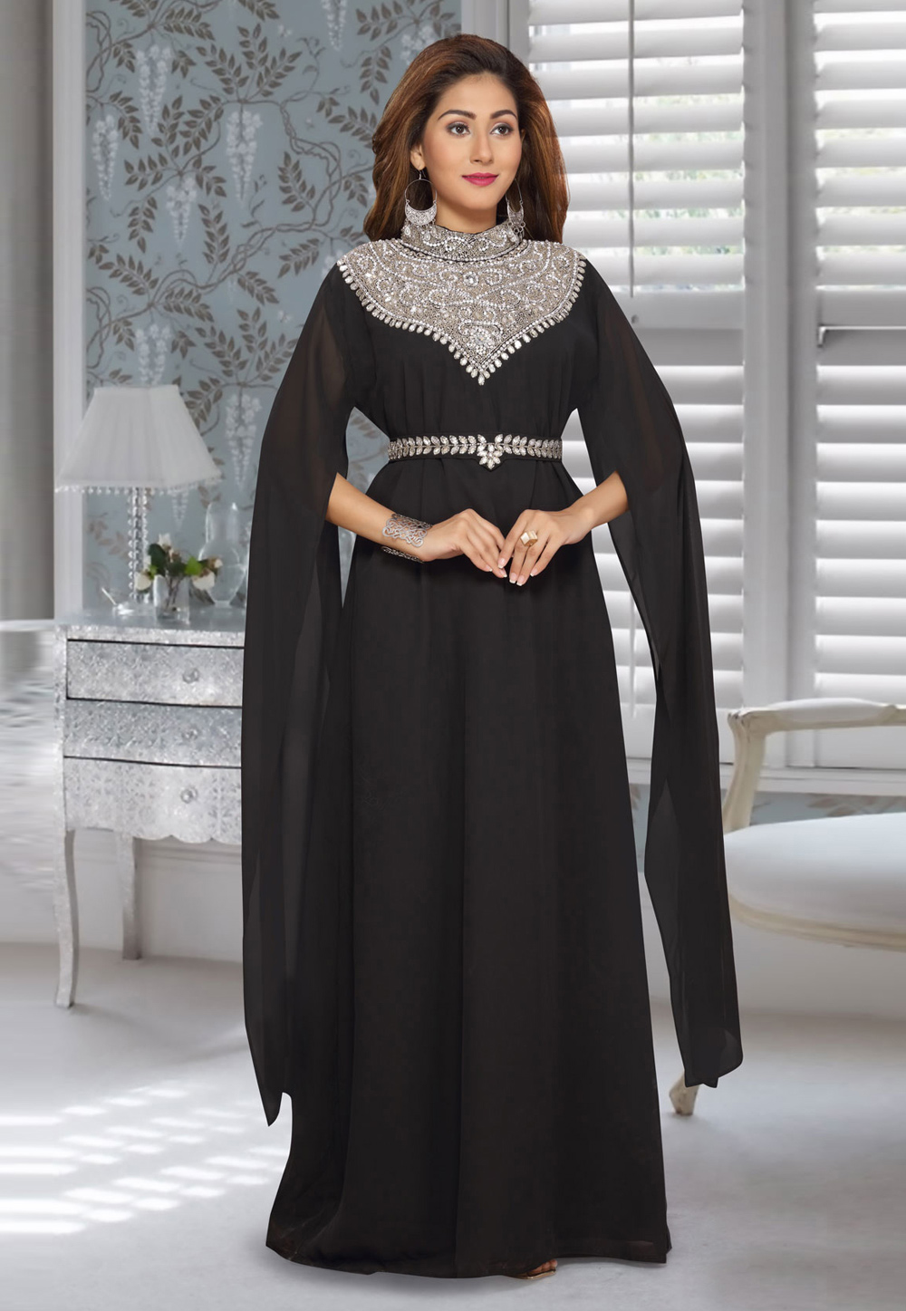 Black Faux Georgette Embroidered Readymade Kaftan 194933