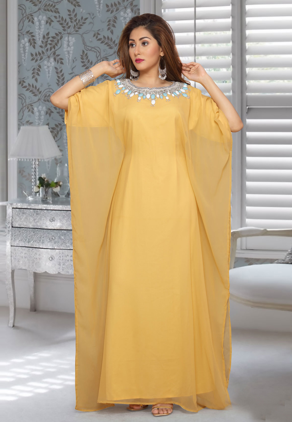 Yellow Faux Georgette Embroidered Readymade Farasha 194938