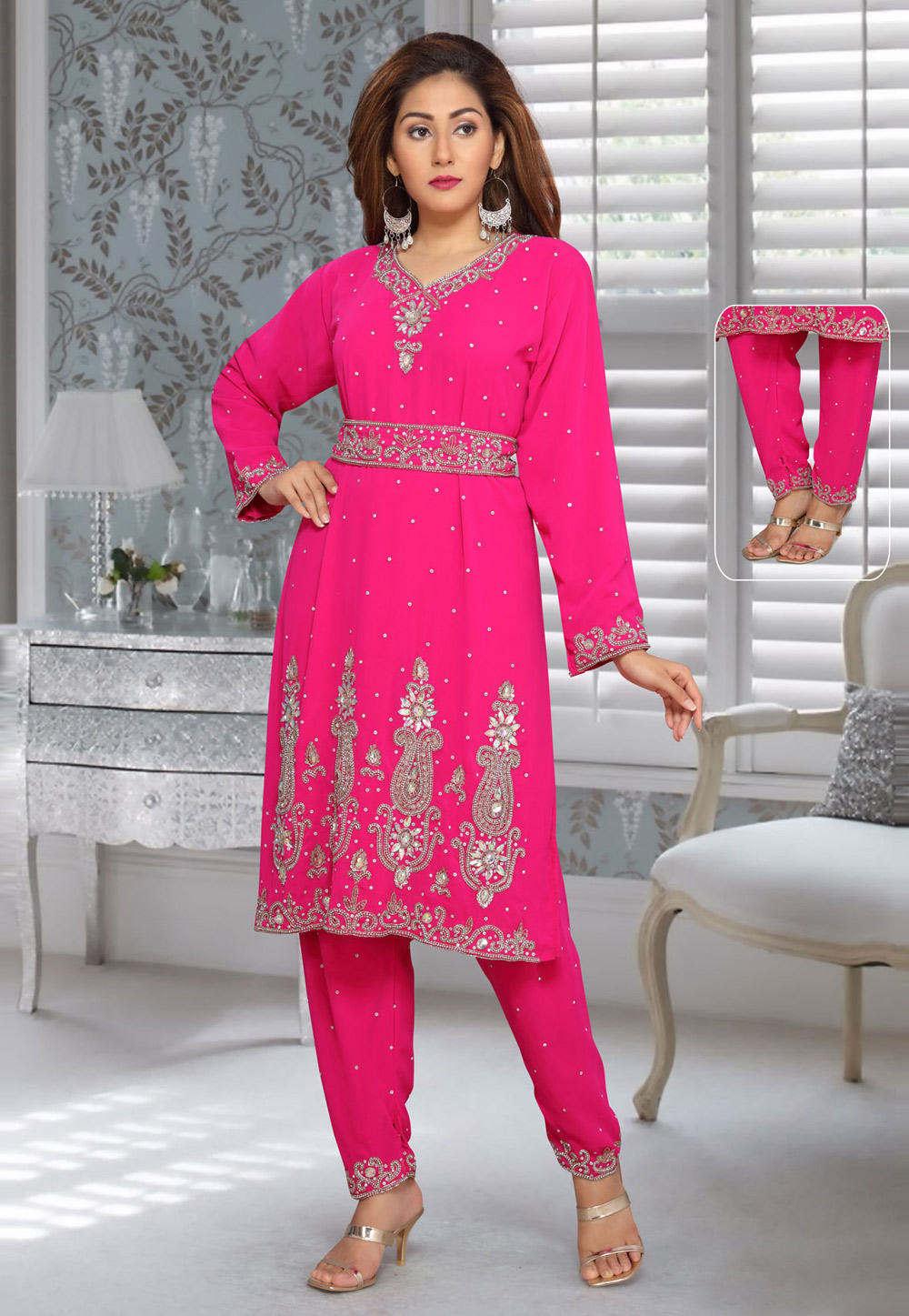 Magenta Faux Georgette Embroidered Readymade Islamic Kurti 194941