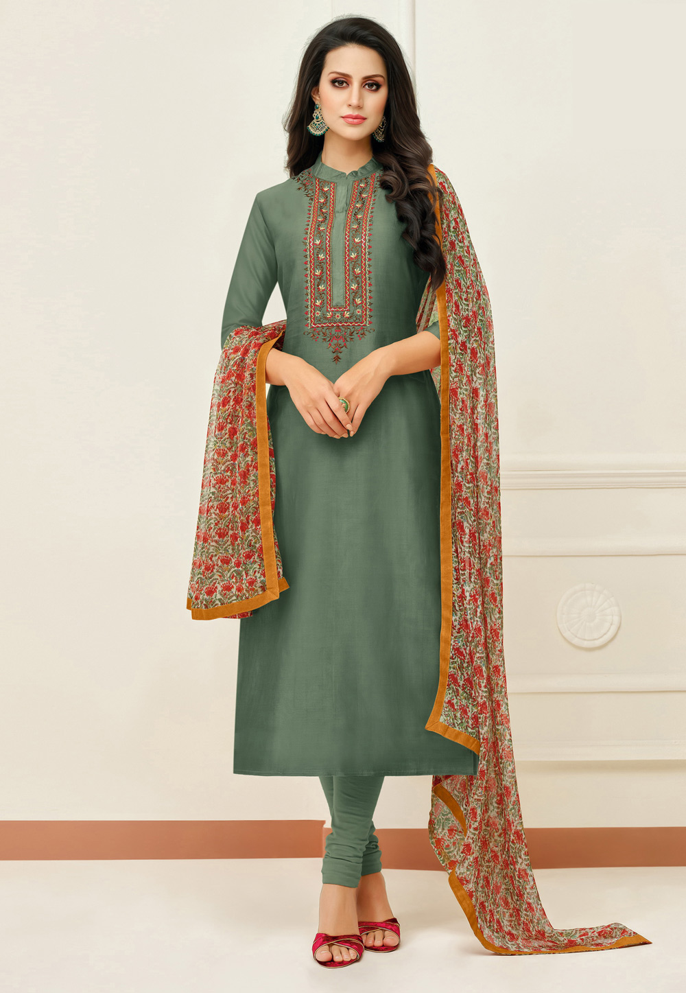 Olive Green Chanderi Cotton Churidar Salwar Suit 214448
