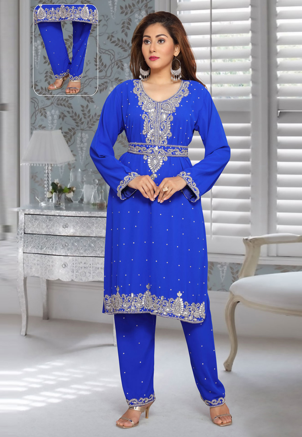 Blue Faux Georgette Embroidered Readymade Islamic Kurti 194945