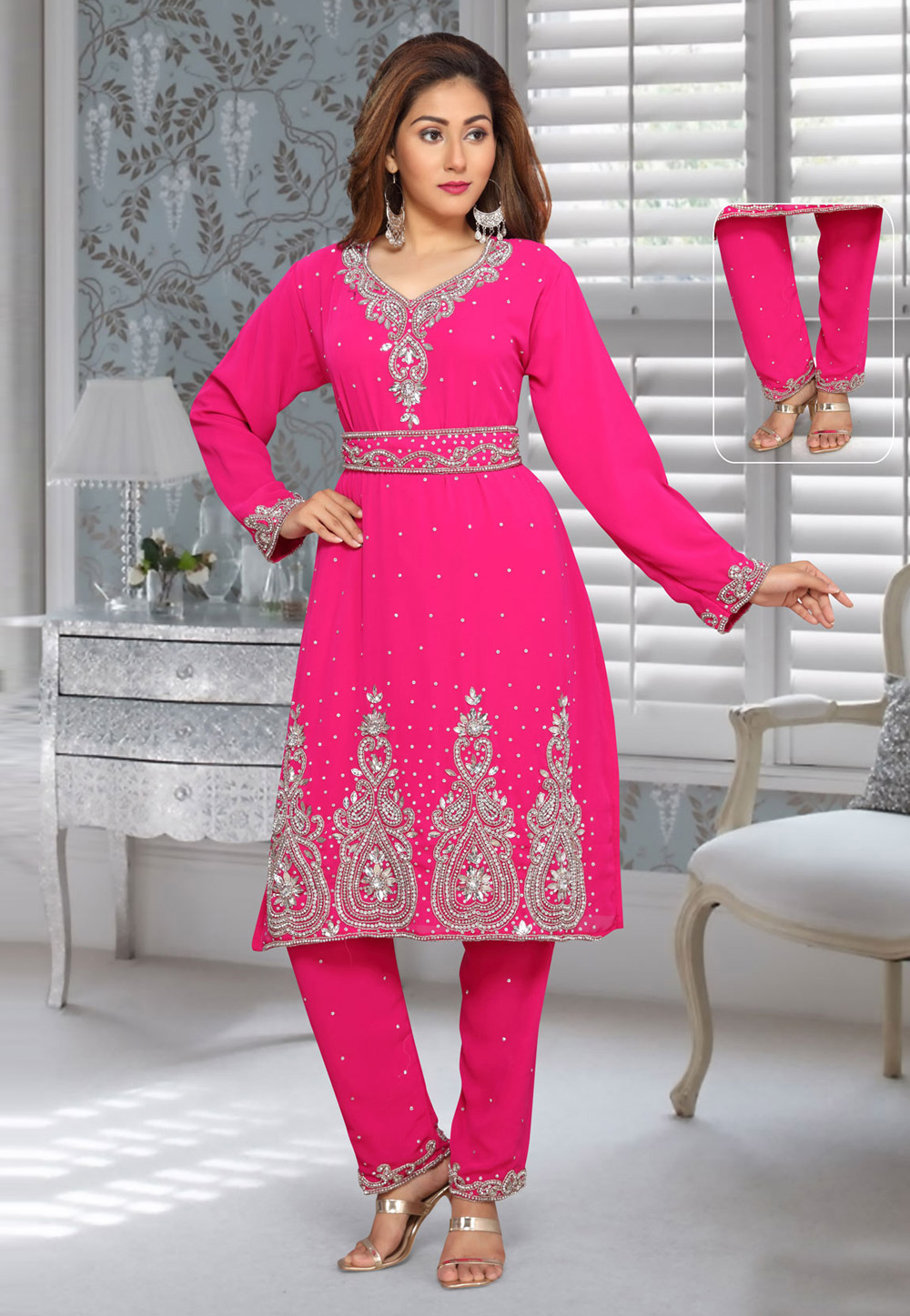Magenta Faux Georgette Embroidered Readymade Islamic Kurti 194953