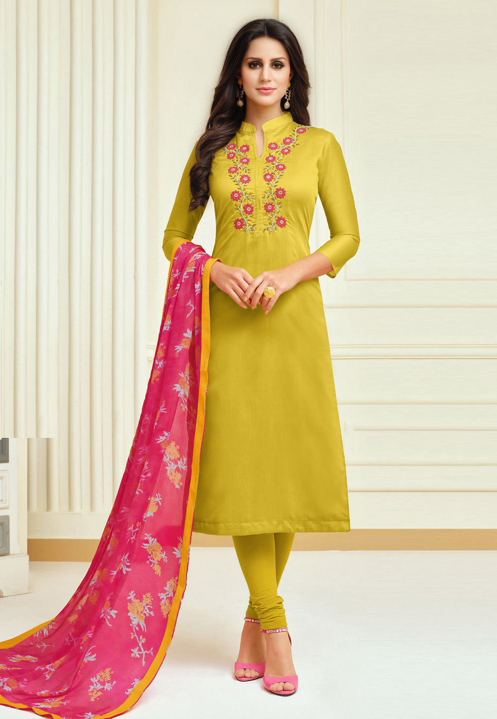 Yellow Chanderi Cotton Churidar Suit 214449