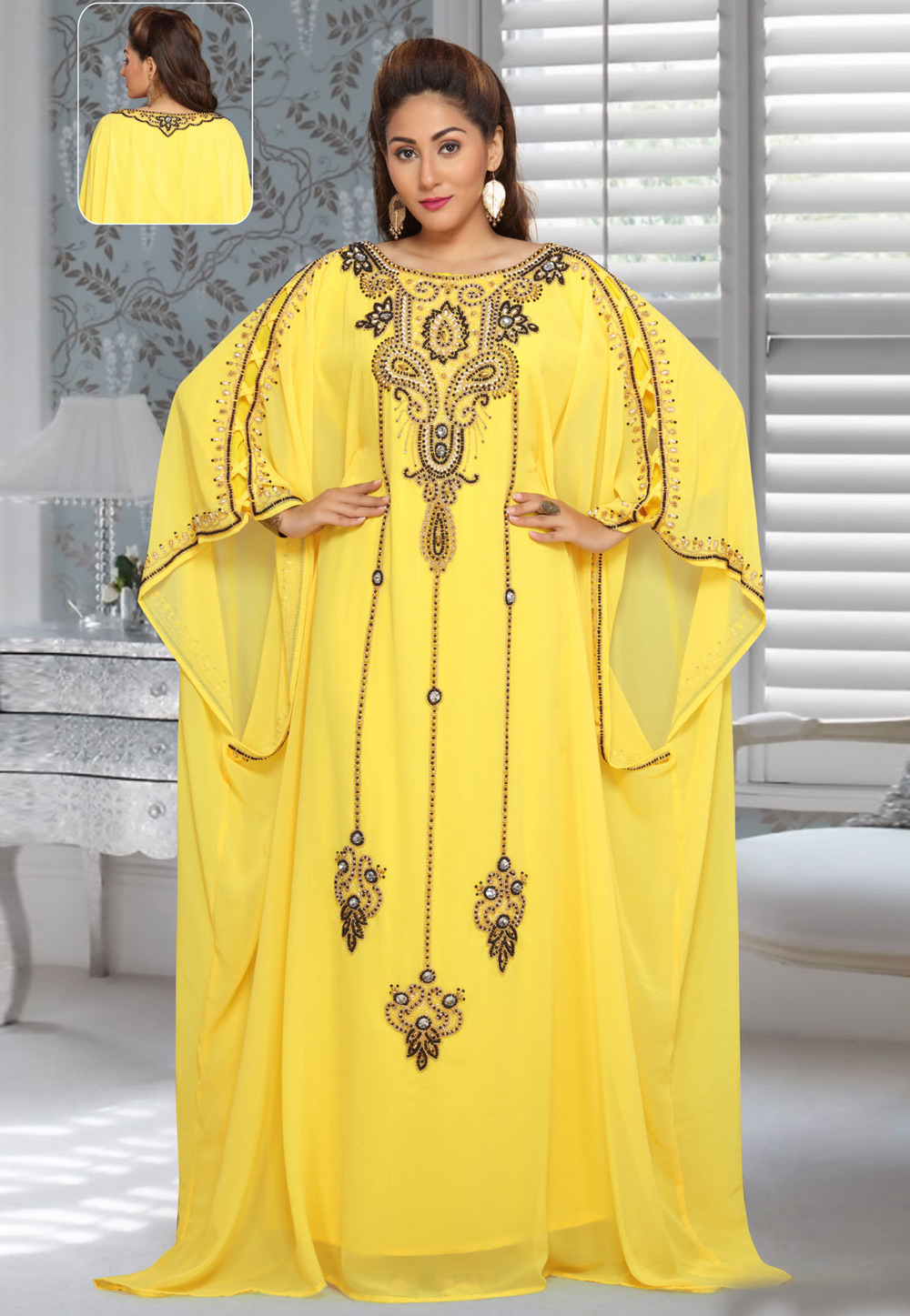 Yellow Faux Georgette Embroidered Readymade Farasha 194955