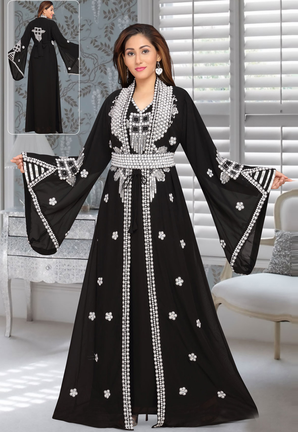 Black Faux Georgette Embroidered Readymade Kaftan 194957