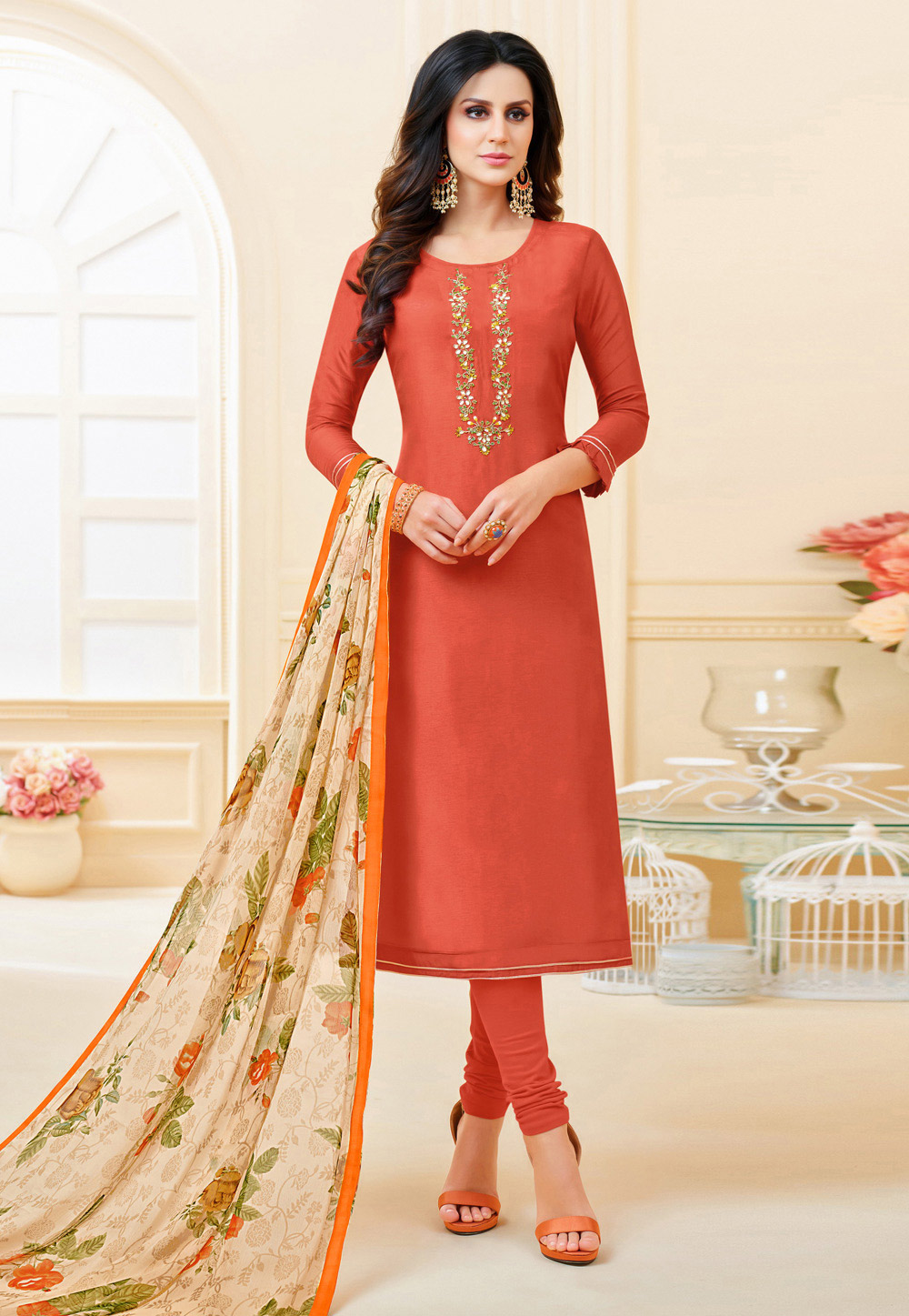 Red Chanderi Cotton Churidar Salwar Suit 214450