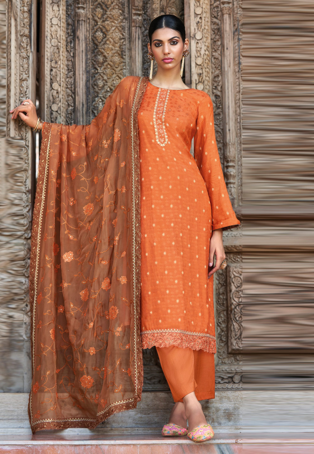 Orange Jacquard Pakistani Suit 249606
