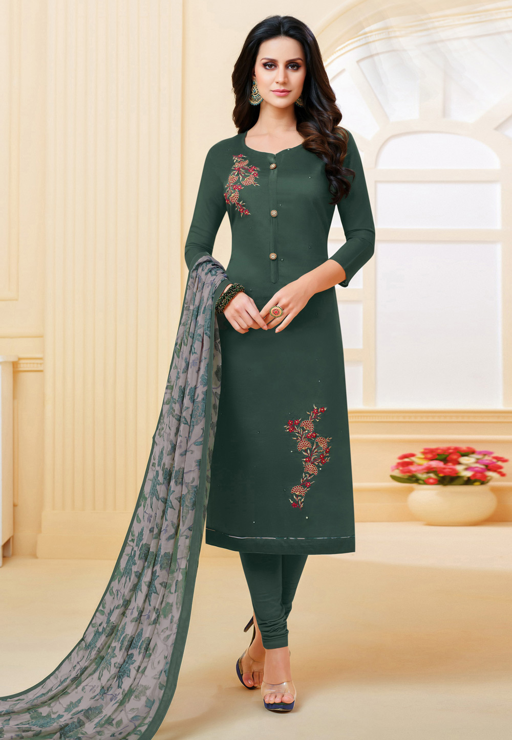 Green Chanderi Cotton Churidar Salwar Suit 214452
