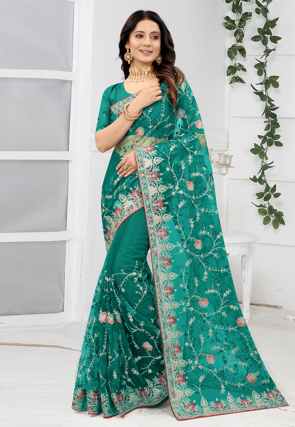 Sea Green Net Saree With Blouse 250337