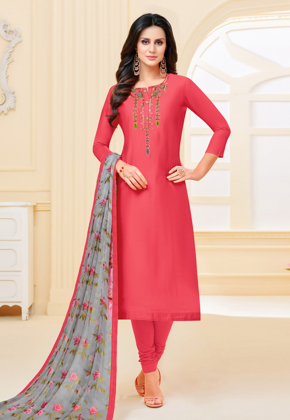 Pink Chanderi Cotton Churidar Salwar Suit 214456