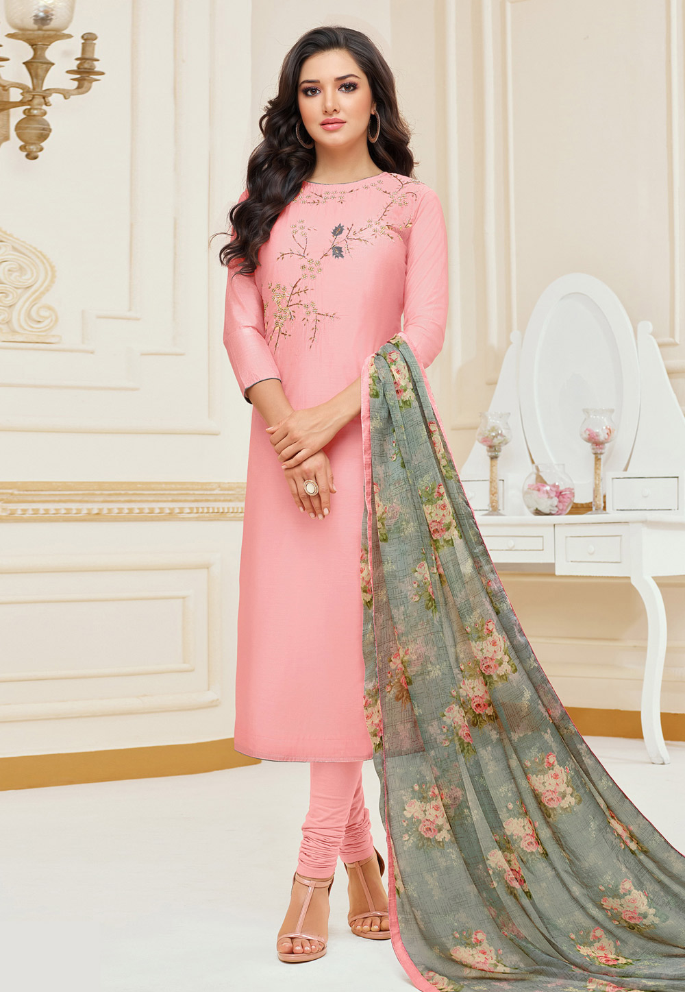 Pink Chanderi Cotton Churidar Suit 214457