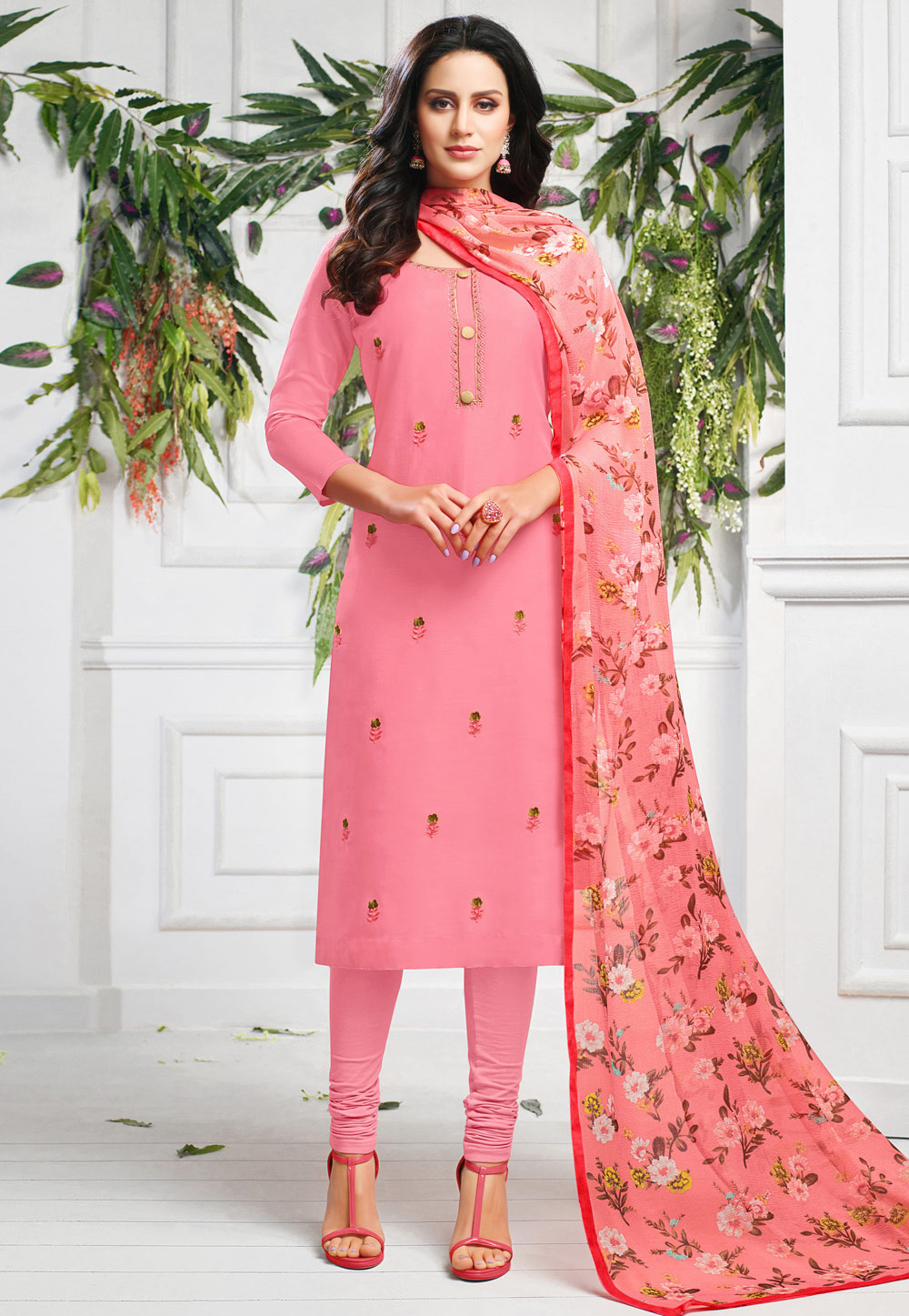 Pink Chanderi Cotton Churidar Salwar Suit 214460