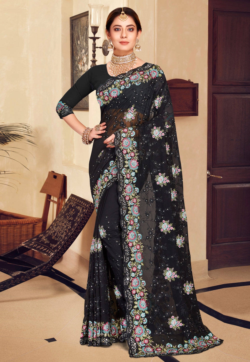 Black Georgette Saree With Blouse 250218
