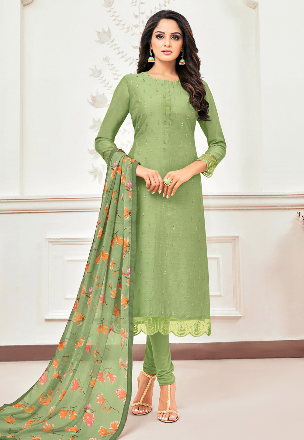 Pista Green Chanderi Cotton Churidar Salwar Suit 214462