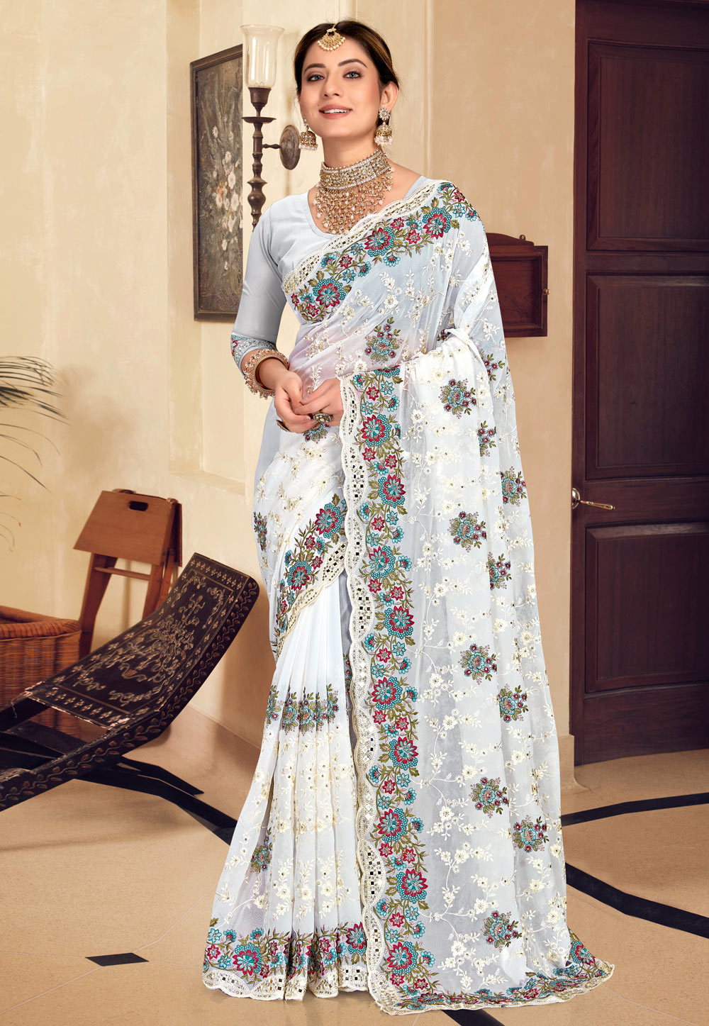 White Georgette Saree With Blouse 250219