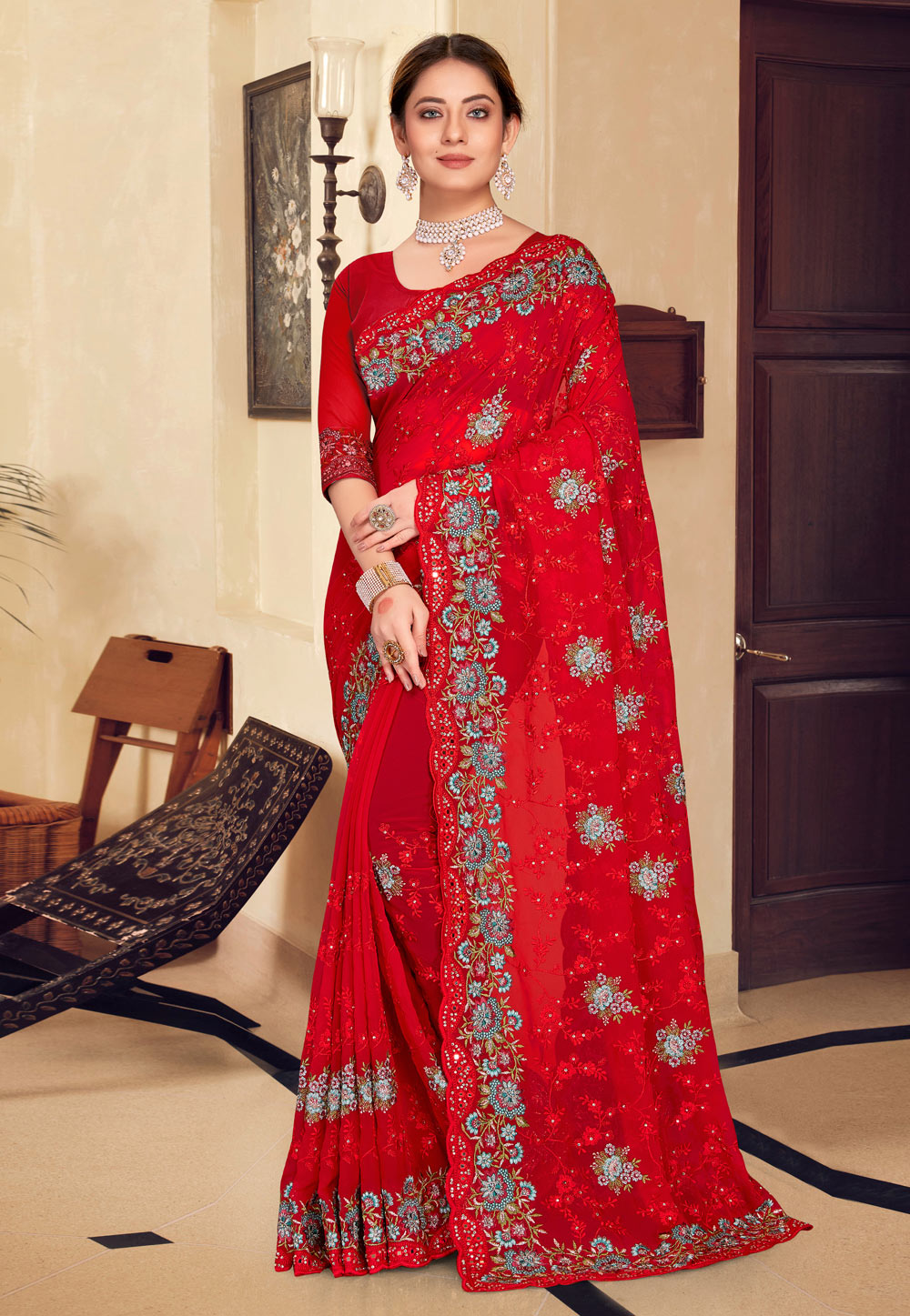 Red Georgette Saree With Blouse 250220