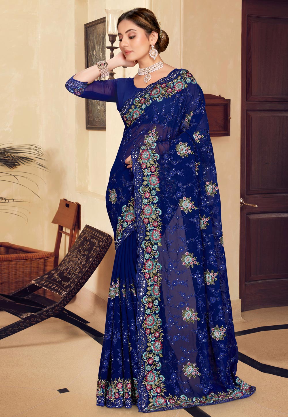 Blue Georgette Saree With Blouse 250221