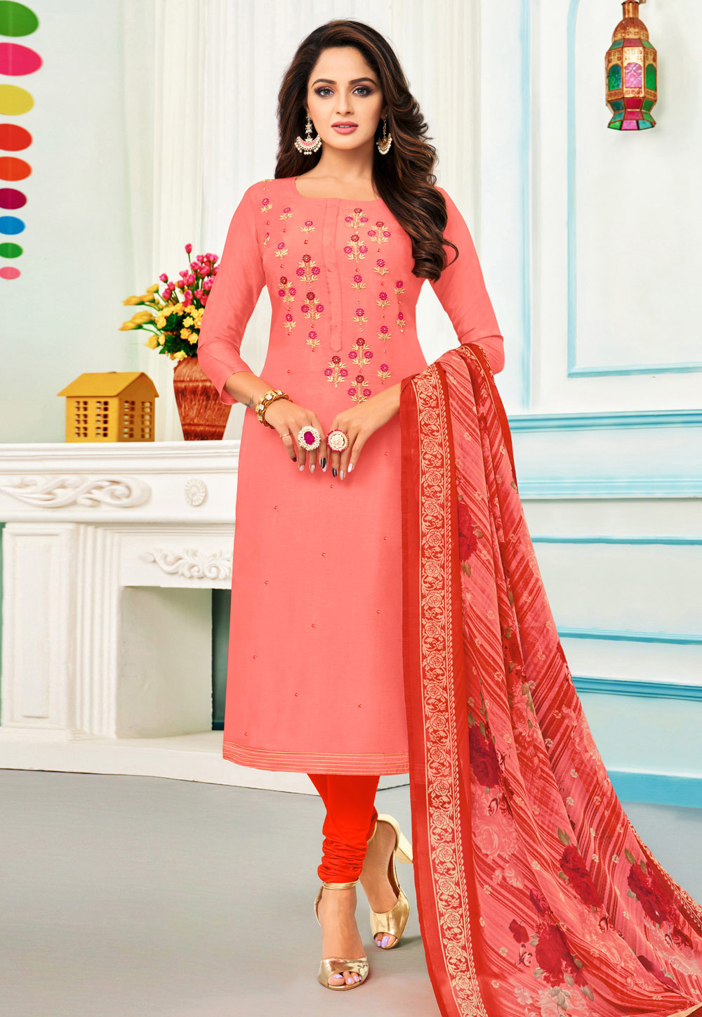 Pink Chanderi Cotton Churidar Suit 214465