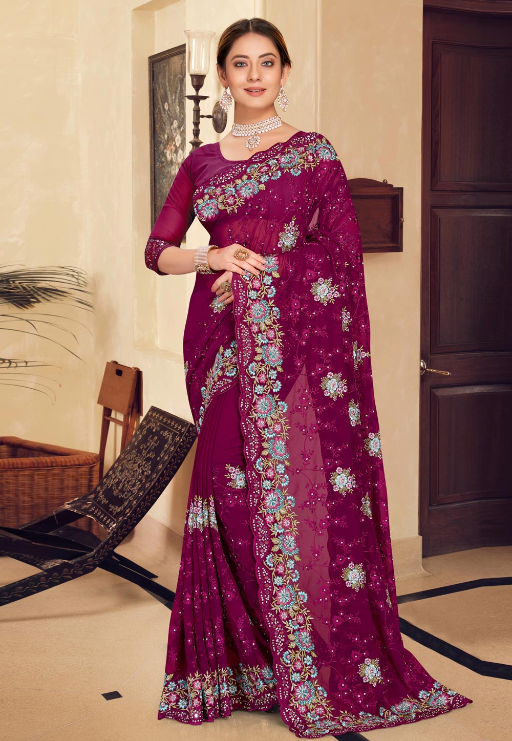 Purple Georgette Saree With Blouse 250222
