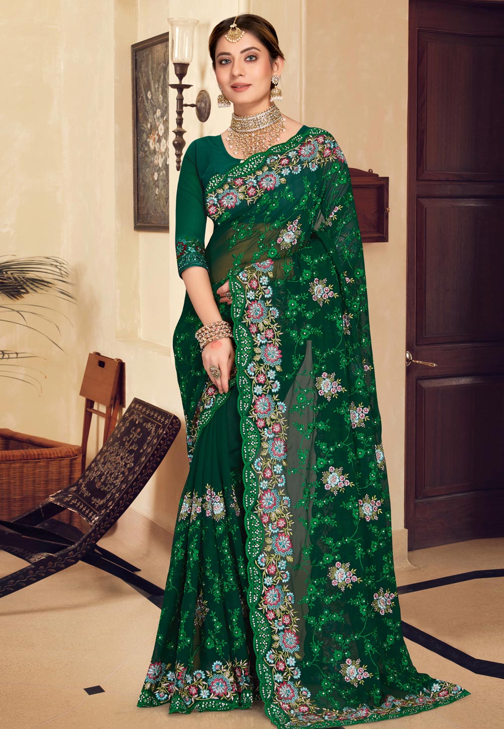 Green Georgette Saree With Blouse 250225