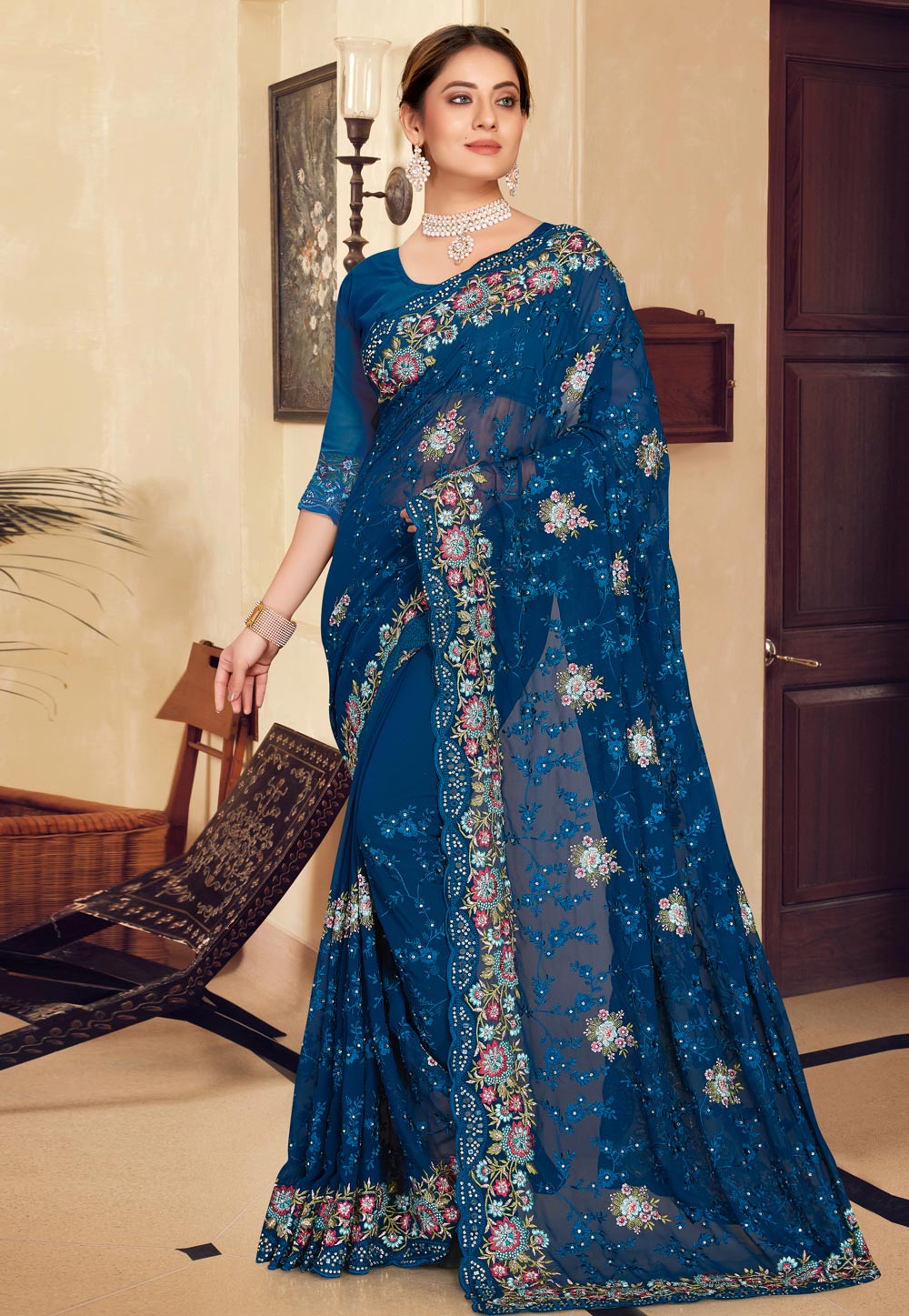 Teal Georgette Saree With Blouse 250226