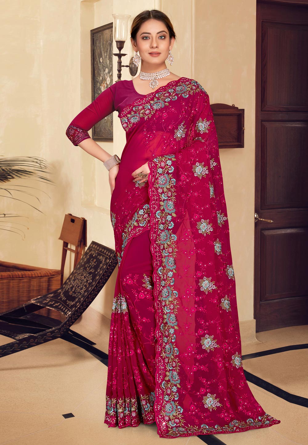 Magenta Georgette Saree With Blouse 250227