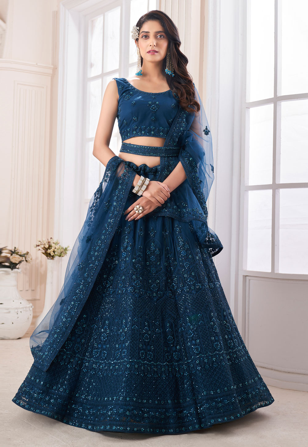 Teal Soft Net A Line Lehenga Choli 262360