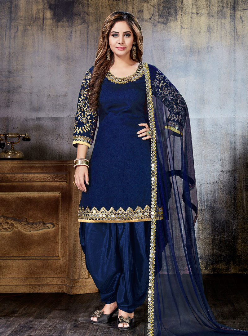 Navy Blue Art Silk Punjabi Suit 142558