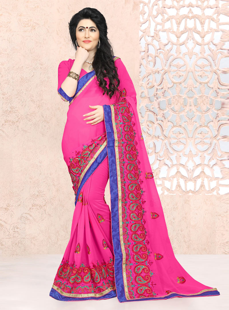 Pink Georgette Embroidery Work Saree 90845