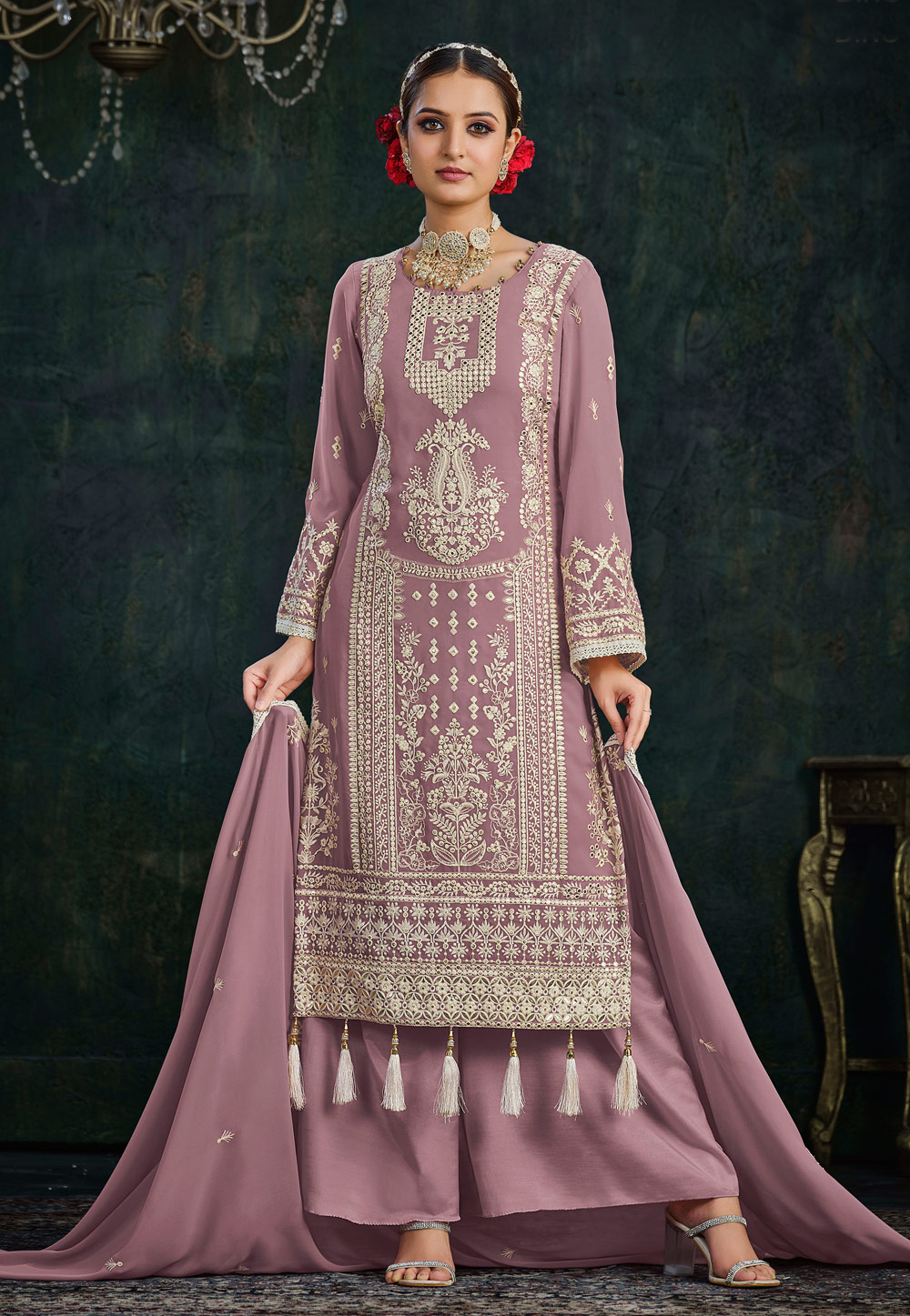 Light Purple Faux Georgette Embroidered Palazzo Suit 267850