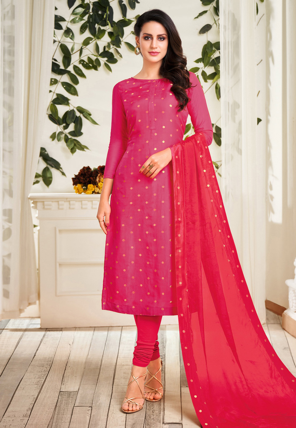 Pink Banarasi Jacquard Churidar Suit 214473