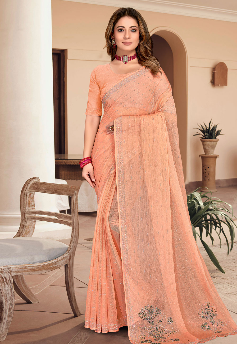Peach Shimmer Chiffon Saree With Blouse 250313
