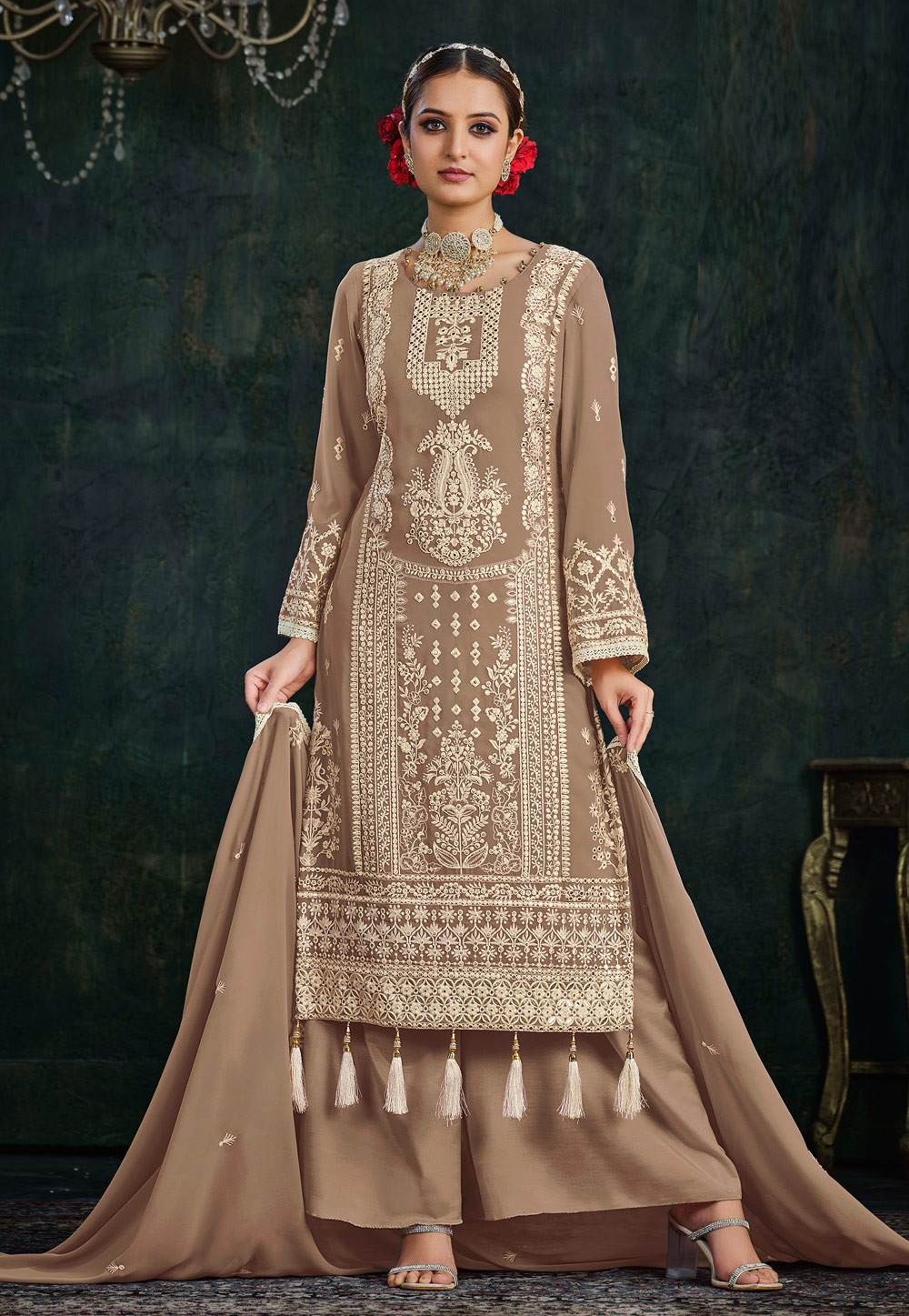 Beige Faux Georgette Embroidered Pakistani Suit 267853
