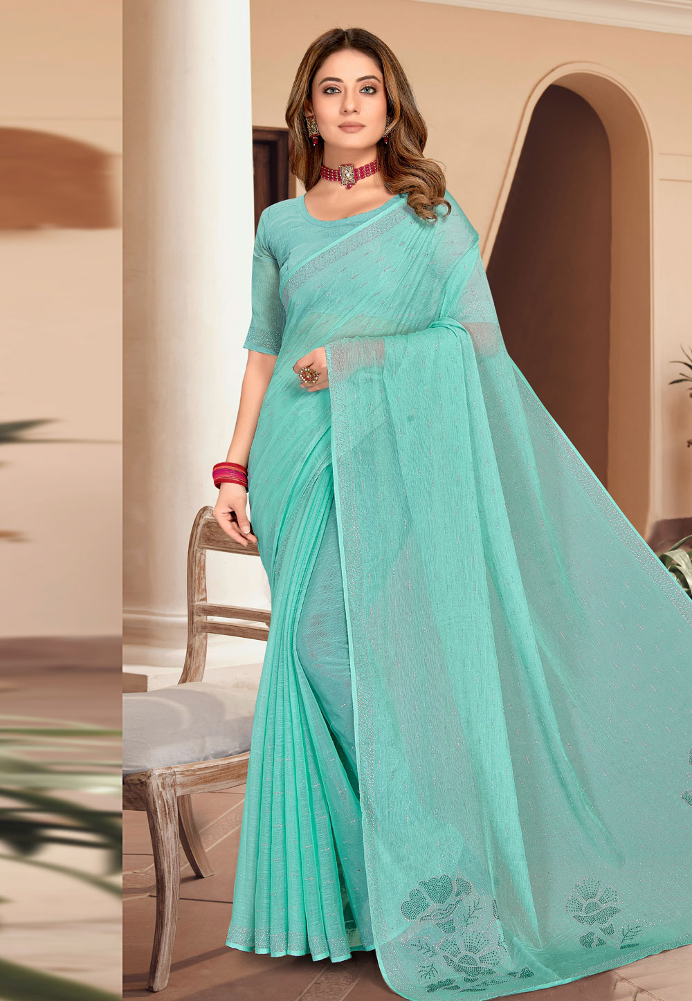 Sky Blue Shimmer Chiffon Saree With Blouse 250314
