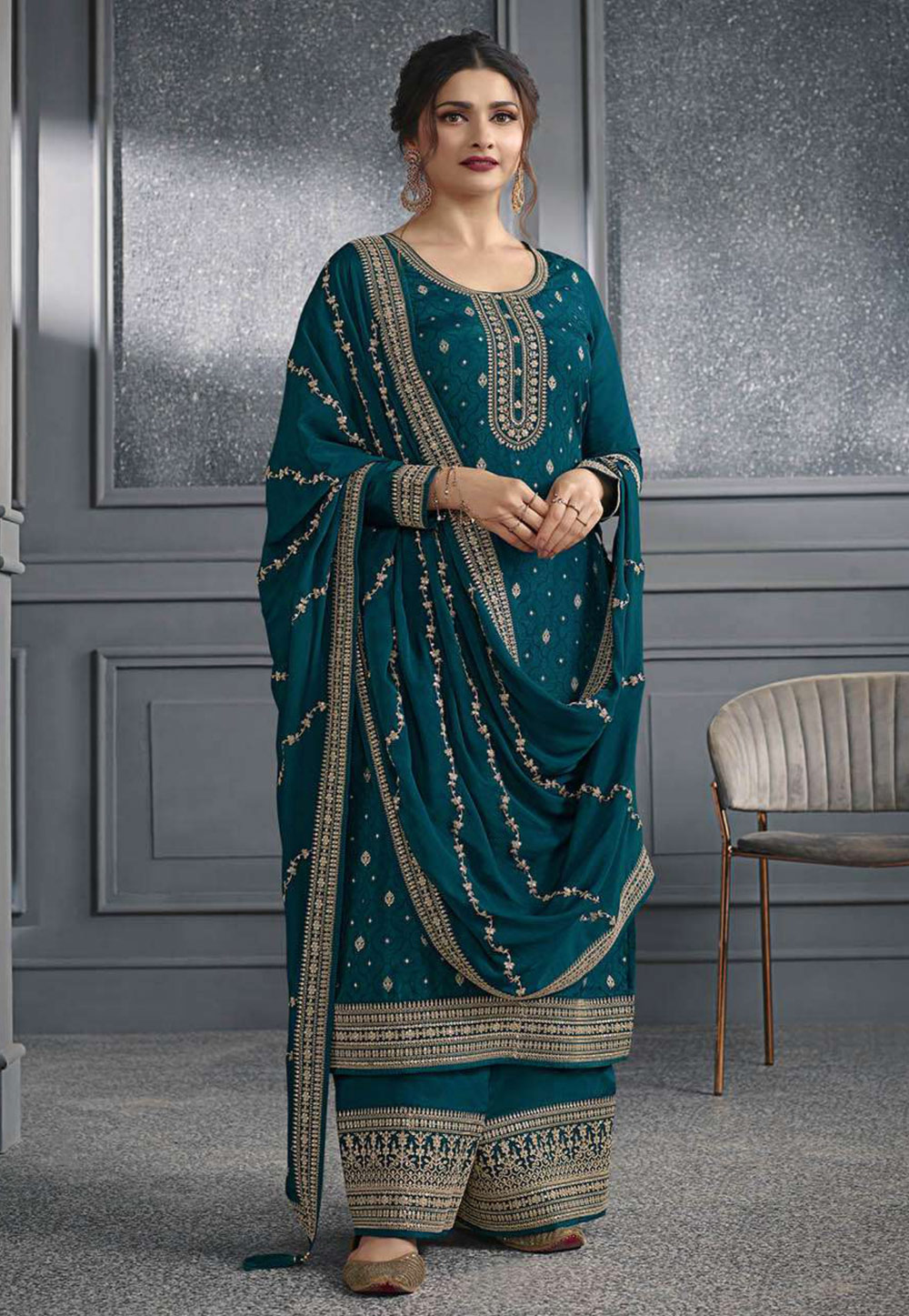 Prachi Desai Teal Jacquard Palazzo Suit 264675