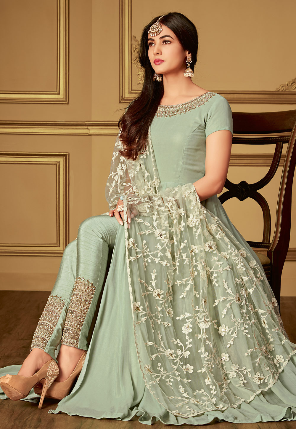 Sonal Chauhan Pista Green Net Pant Style Suit 154002
